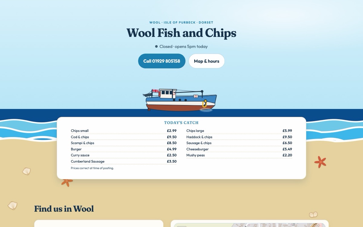 The Wool Fish and Chip Shop website: a fishing boat on the sea with today's menu and prices