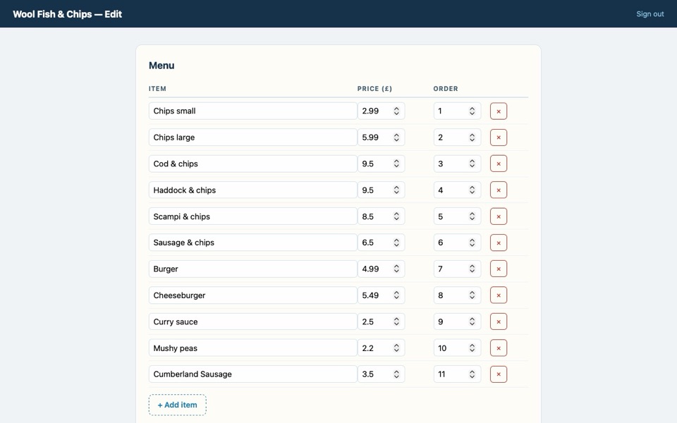 The editing screen: every menu item with its price in a box that can be changed